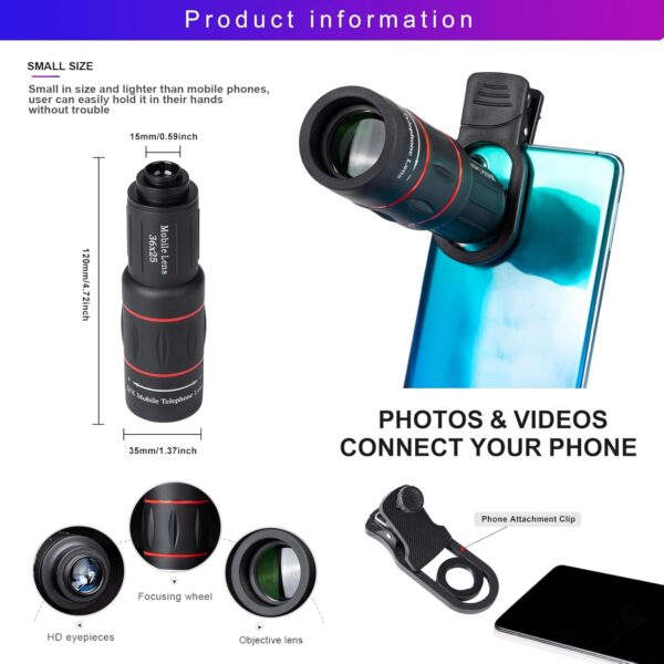 36X Long Focus Telephoto Phone Lens for iPhone and Android, Zoom Cellphone Camera Lens with Phone Clip for Picture Video Taking