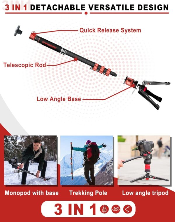IFOOTAGE Cobra 3 Monopod with Fluid Head C180F-P + K5S, 71" Travel Monopod Kit for Cameras Canon Nikon Sony Olympus Panasonic DSLR Camera, Carbon Fiber Monopod with Feet, Payload 17.64Lbs/8KG