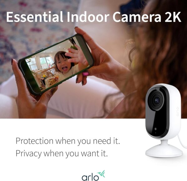 Arlo Essential Security Camera 2K | Indoor Only| 2nd Gen | Baby Monitor & Pet Camera | Wired Automated Privacy Shield, 2-Way Audio, Night Vision, Live Stream, Motion Alerts & Notifications White,1 Cam