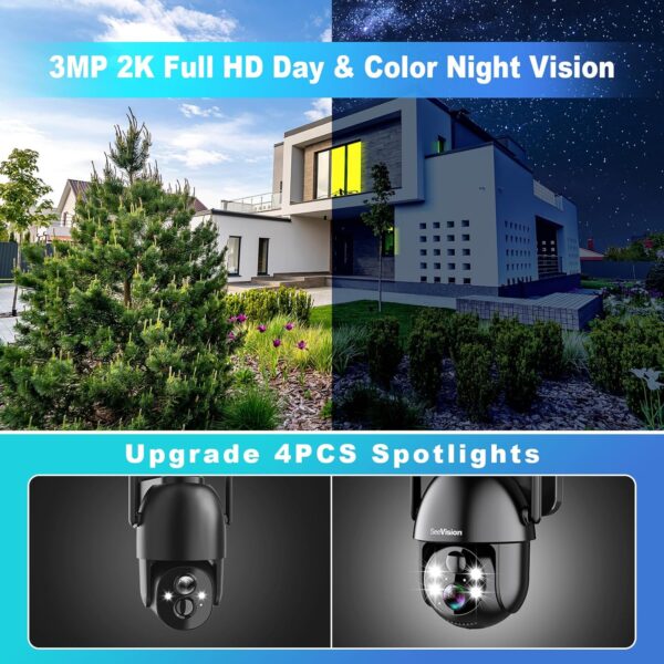 Solar Security Cameras Wireless Outdoor, 2K Battery Powered PTZ WiFi 3MP Indoor Security Camera for Home with Spotlight, PIR Motion Detection,Siren, Color Night Vision, 2-Way Talk, SD/Cloud Storage