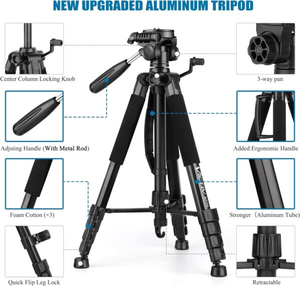 VICTIV 74” Camera Tripod, Tripod for Camera and Phone, Aluminum Heavy Duty Tripod Stand for Canon Nikon with Carry Bag and Phone Holder, Compatible with DSLR, iPhone, Spotting Scopes, Max Load 15 Lb