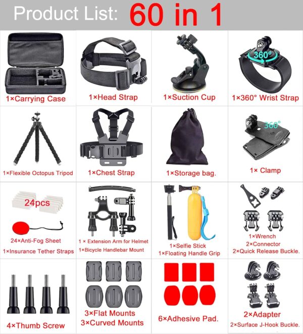 60 in 1 Camera Accessories Kit Compatible with GoPro Hero 13 12 11 10 9 8 7 6 5/Session 5/Hero 4/3+/3/2/1, Insta360, DJI Osmo Action, AKASO, APEMAN, Campark, SJCAM