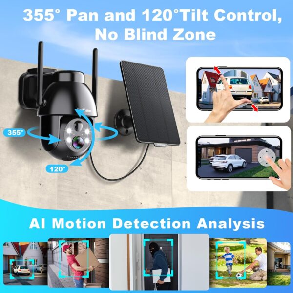 Solar Security Cameras Wireless Outdoor, 2K Battery Powered PTZ WiFi 3MP Indoor Security Camera for Home with Spotlight, PIR Motion Detection,Siren, Color Night Vision, 2-Way Talk, SD/Cloud Storage