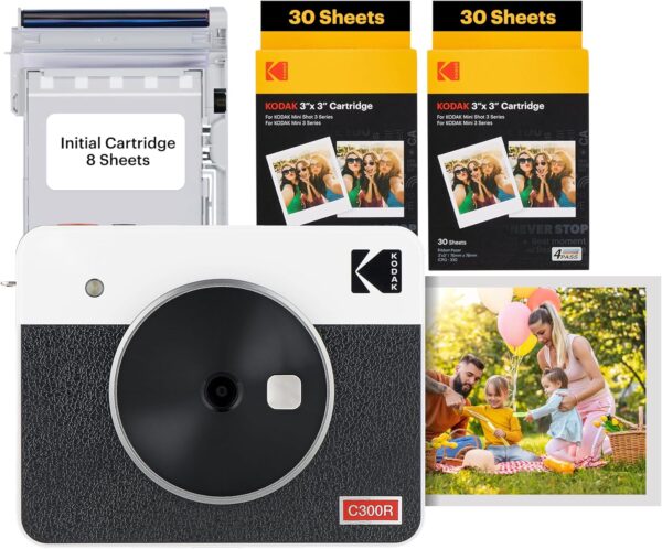 KODAK Mini Shot 3 Retro 4PASS 2-in-1 Instant Digital Camera and Photo Printer (3x3 inches) + 60 Sheets Cartridge Bundle, White