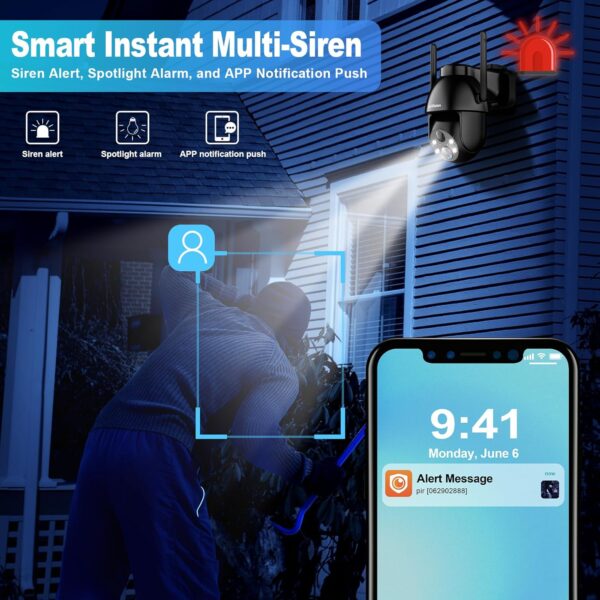 Solar Security Cameras Wireless Outdoor, 2K Battery Powered PTZ WiFi 3MP Indoor Security Camera for Home with Spotlight, PIR Motion Detection,Siren, Color Night Vision, 2-Way Talk, SD/Cloud Storage