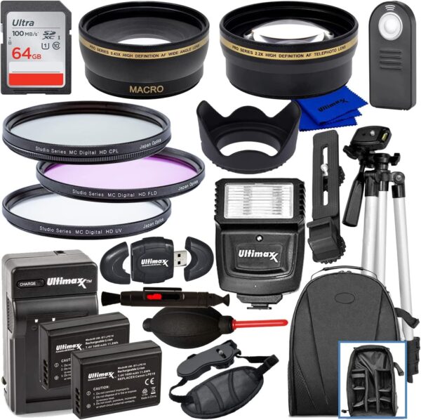 Ultimaxx 58MM Accessory Kit for Canon EOS Rebel T7, T6, T5, T3, T100, 4000D, 3000D, 2000D, 1500D, 1300D, 1200D 1100D, and More; Includes: 2X LP-E10 Batteries, Filter Kits, Backpack & More