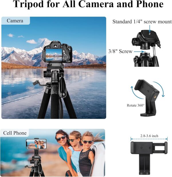 VICTIV 74” Camera Tripod, Tripod for Camera and Phone, Aluminum Heavy Duty Tripod Stand for Canon Nikon with Carry Bag and Phone Holder, Compatible with DSLR, iPhone, Spotting Scopes, Max Load 15 Lb