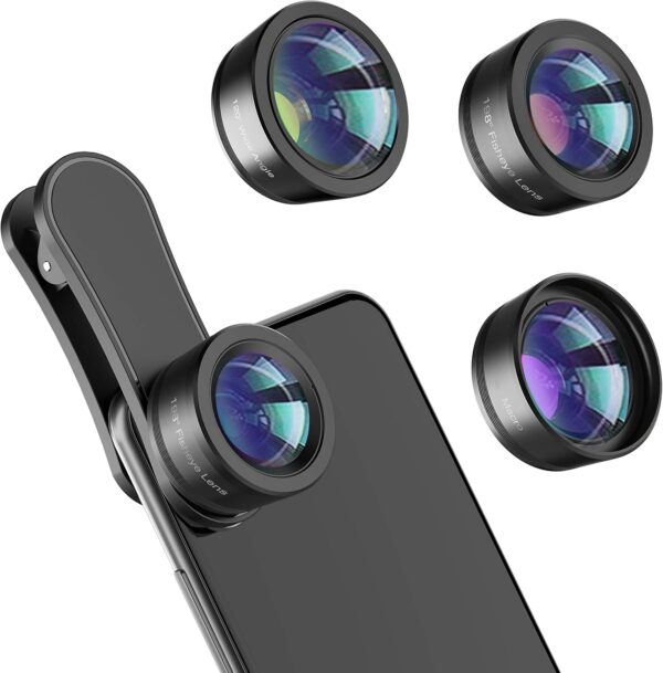 Upgraded 3 in 1 Phone Camera Lens kit-198° Fisheye Lens + Macro Lens + 120° Wide Angle Lens,Clip on Cell Phone Lens Kit Compatible with iPhone Samsung Android Smartphones
