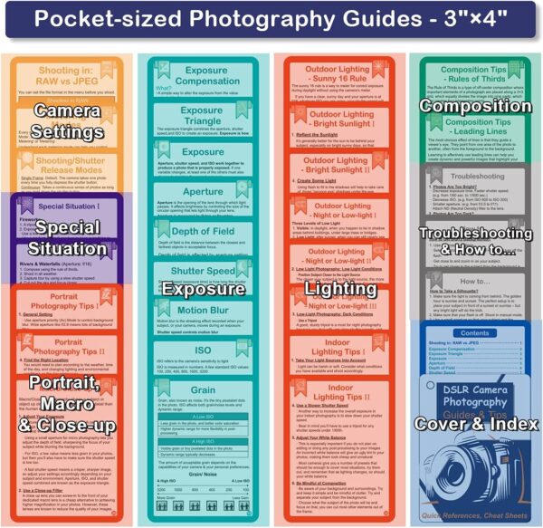 DSLR Cheat Sheet for Canon Nikon Sony Camera Accessories Photography Gifts Photographer, Quick Reference Cards Photography Guides & Tips: Settings, Exposure, Modes, Composition, Lighting Etc 4×3 Inch