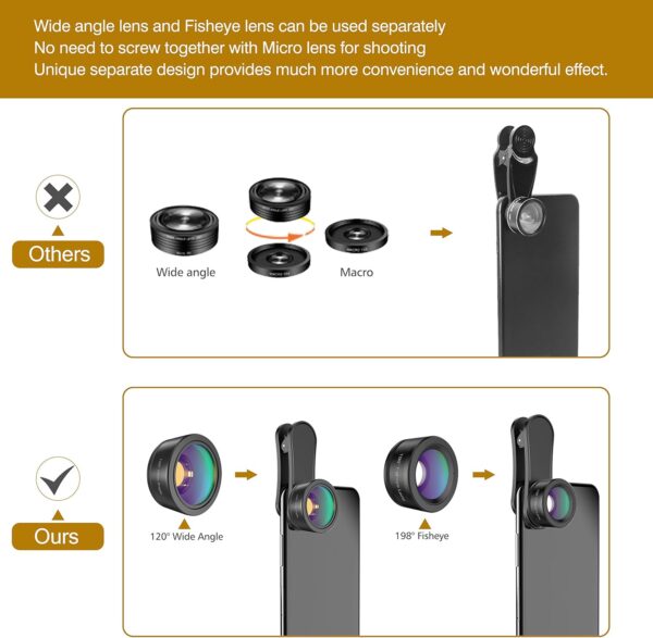 Upgraded 3 in 1 Phone Camera Lens kit-198° Fisheye Lens + Macro Lens + 120° Wide Angle Lens,Clip on Cell Phone Lens Kit Compatible with iPhone Samsung Android Smartphones