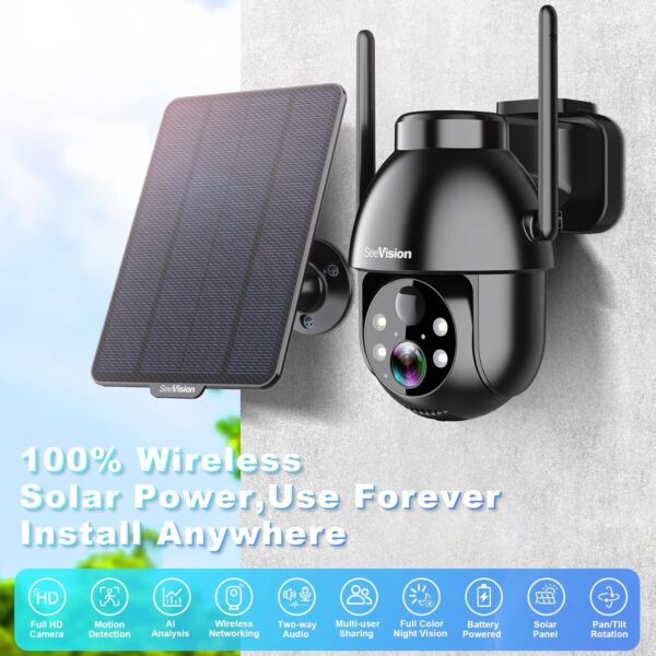 Solar Security Cameras Wireless Outdoor, 2K Battery Powered PTZ WiFi 3MP Indoor Security Camera for Home with Spotlight, PIR Motion Detection,Siren, Color Night Vision, 2-Way Talk, SD/Cloud Storage