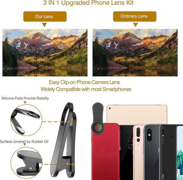 Upgraded 3 in 1 Phone Camera Lens kit-198° Fisheye Lens + Macro Lens + 120° Wide Angle Lens,Clip on Cell Phone Lens Kit Compatible with iPhone Samsung Android Smartphones