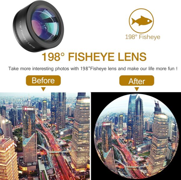 Upgraded 3 in 1 Phone Camera Lens kit-198° Fisheye Lens + Macro Lens + 120° Wide Angle Lens,Clip on Cell Phone Lens Kit Compatible with iPhone Samsung Android Smartphones